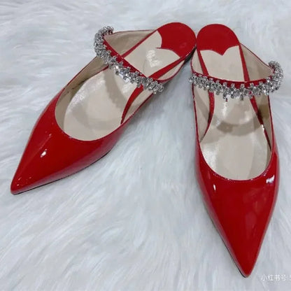 2025 New Fashionable Fine Heeled Muller Shoes with Pointed Water Diamond Chain Banquet
