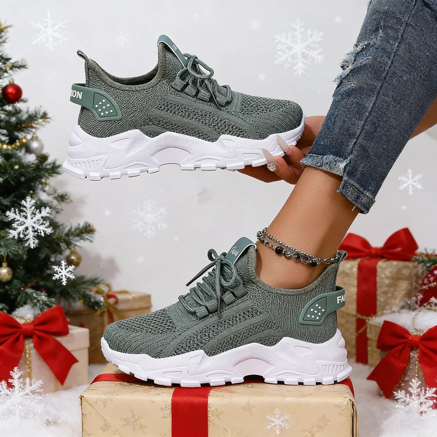 Fashion Knitted Sneakers for Women Mesh Breathable Lace-up Casual Sports Shoes
