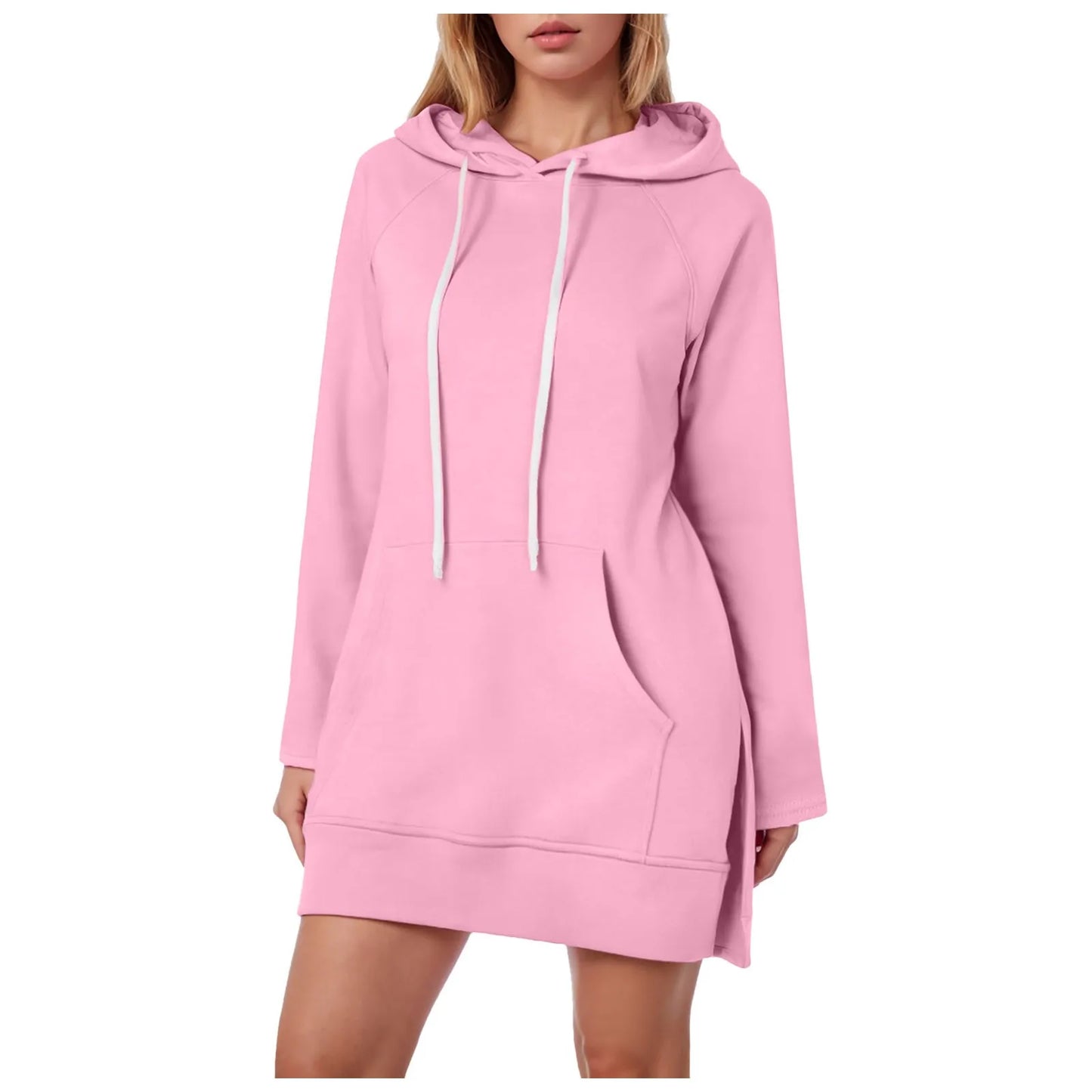 Women Solid Color Hoodie Dress Casual Loose Pullover Long Sleeve Drawstring Mid Dress with Side Slit