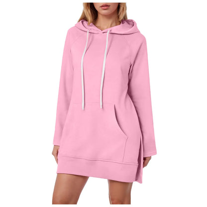 Women Solid Color Hoodie Dress Casual Loose Pullover Long Sleeve Drawstring Mid Dress with Side Slit