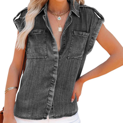 Youthful Woman Blouses Summer Slimming Short Sleeve Denim Shirt