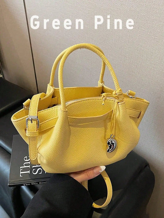 Bright Yellow Textured Leather Top-Handle Tote Bag, Large Capacity Casual Shoulder Crossbody