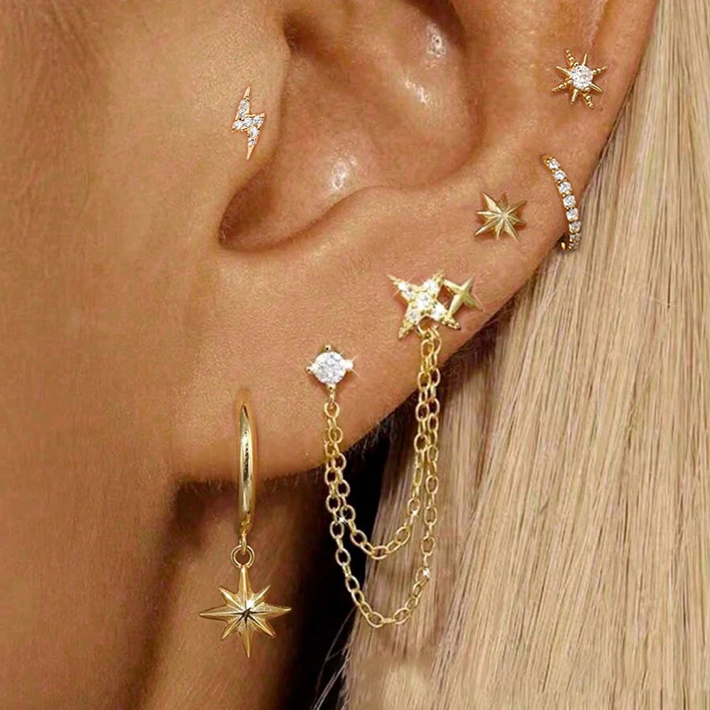 6PCS Fashion Cute Zircon Flower Ear Stud 18K Gold Plated Star Ear Stud Earrings