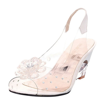 Female Shoes Leisure Transparent Crystal Diamond Slope Heel Sandals