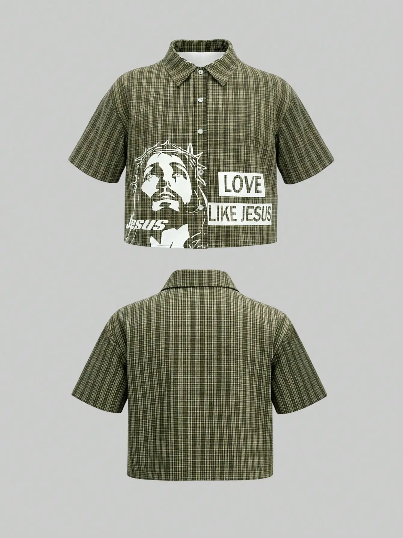 Olive Green Plaid Cropped Shirt with Graphic Print and Slogan