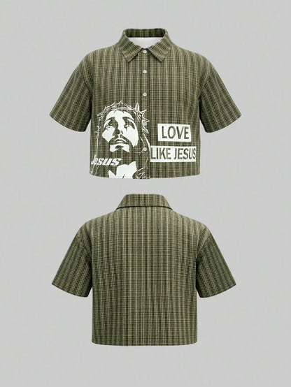 Olive Green Plaid Cropped Shirt with Graphic Print and Slogan