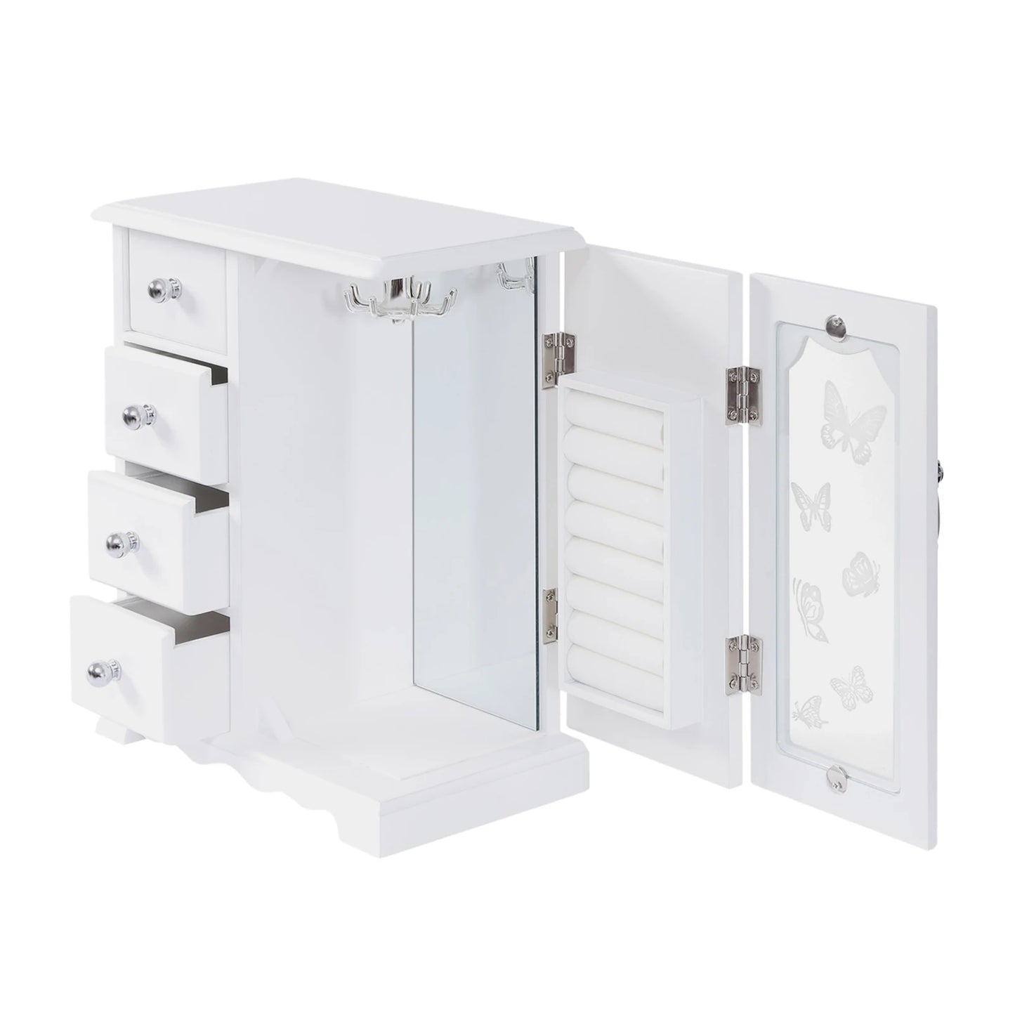 Jewelry Box with 4 Drawers Organizer and Built-in Necklace Carousel and Large Mirror, Jewelry Storage Box White