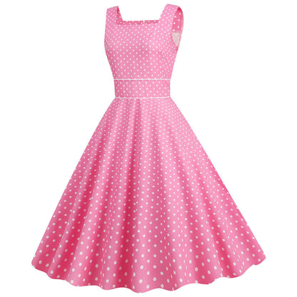 Women Vintage 1950s Retro Dress Sleeveless Dot Print Square Neck Waist In A-Line