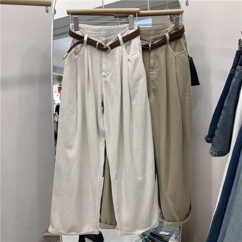 Khaki Color Women's High Waist Straight Leg Jeans Pear Shape Body Slimming Harlan Wide Leg Pant