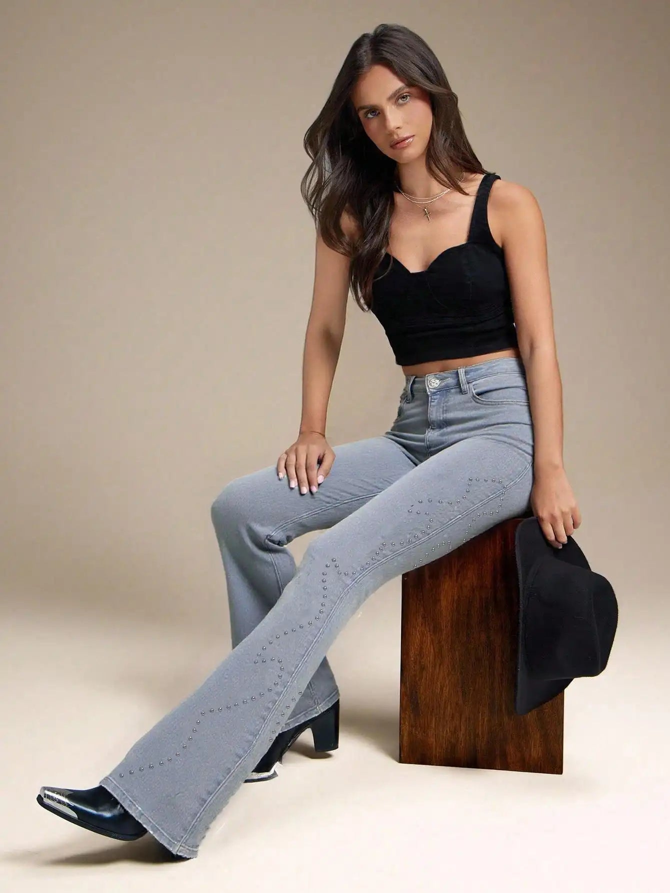High Waist Western Studded Flared Denim Jeans