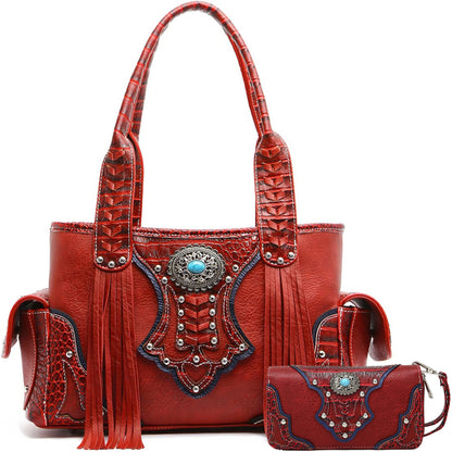 Western Style Cowgirl Woven Fringe Crocodile Gorgeous Purse Conchos Women Handbag Shoulder Bags Wallet Set