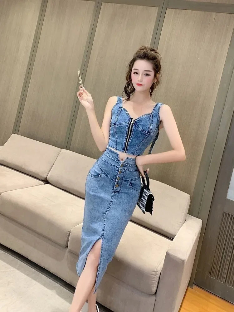 denim 2 piece outfits summer top and skirt