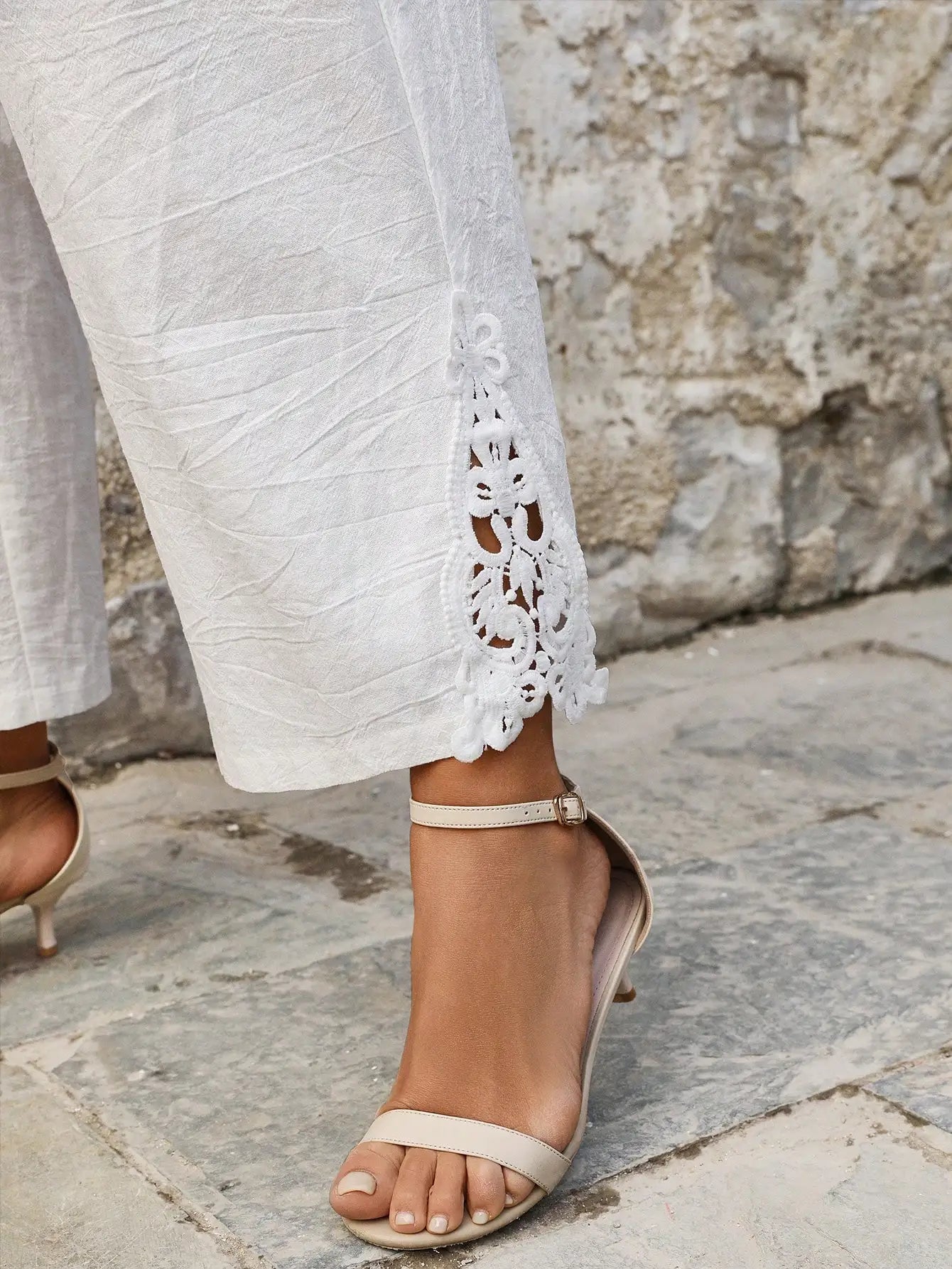 Plus Size Women's White Cotton Wide Leg Pants with Lace Trim and Drawstring Waist
