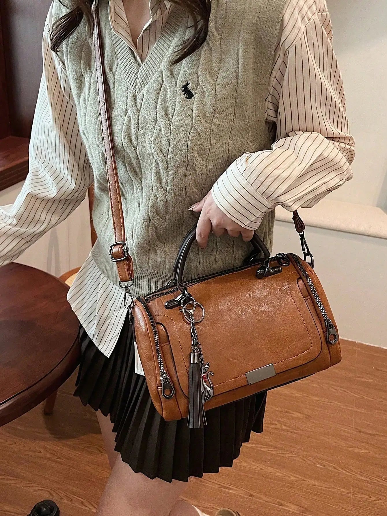 Leather Top-Handle Bag with Detachable Strap
