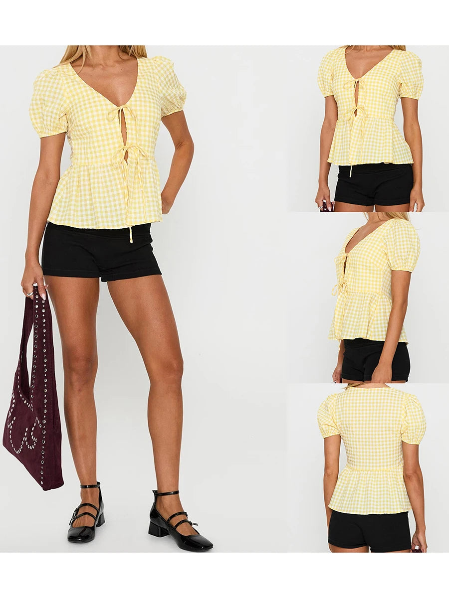 Women s Plaid Print Tie-Front Blouse with Short Sleeves and V-Neckline