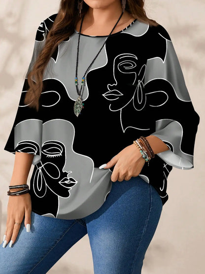 Loose Fit Round Neck 3/4 Sleeve Blouse with Abstract Face Print for Women