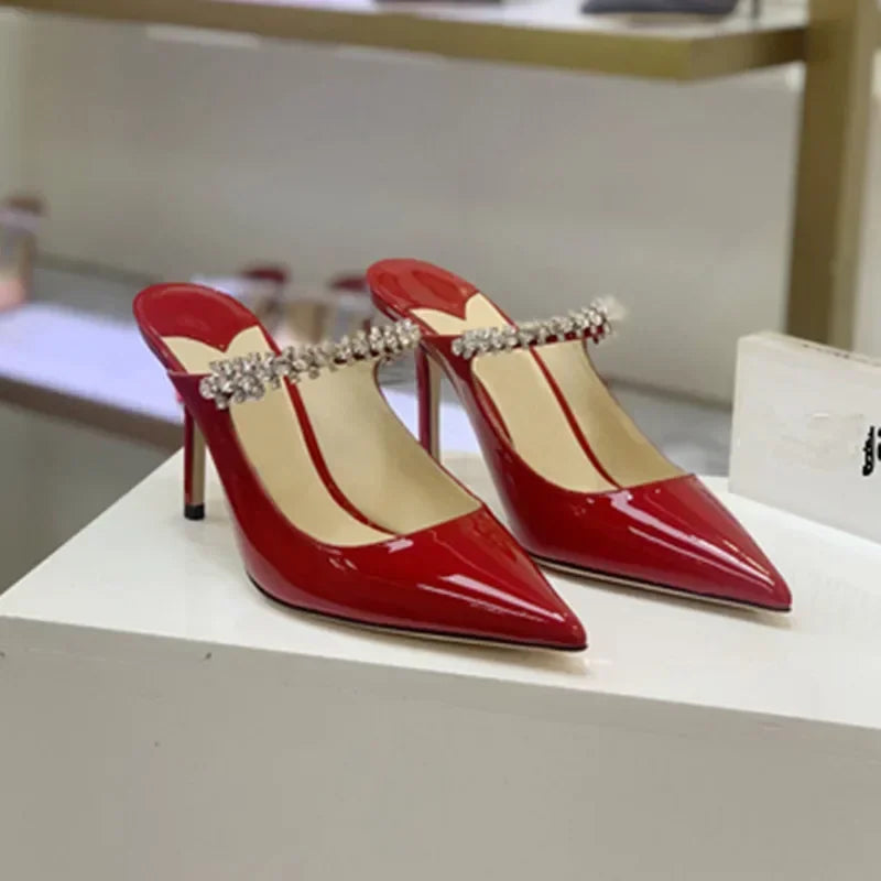 2025 New Fashionable Fine Heeled Muller Shoes with Pointed Water Diamond Chain Banquet
