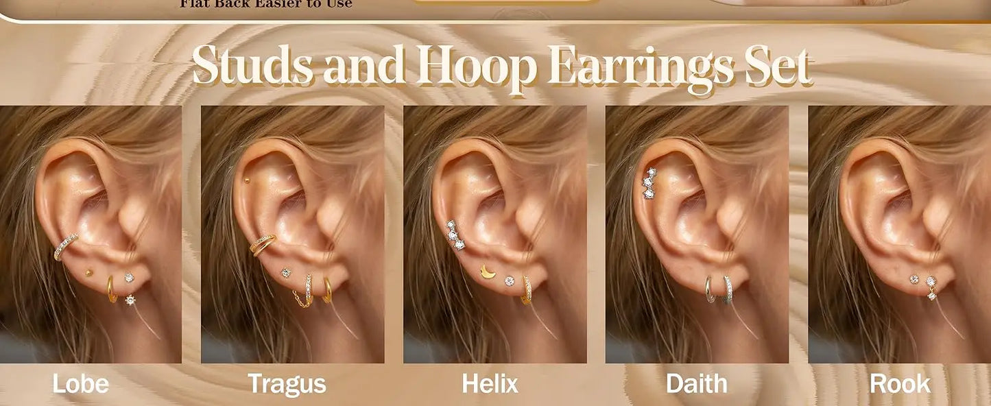 10 Pairs Hypoallergenic 20G Surgical Steel Flat Back Stud Earrings