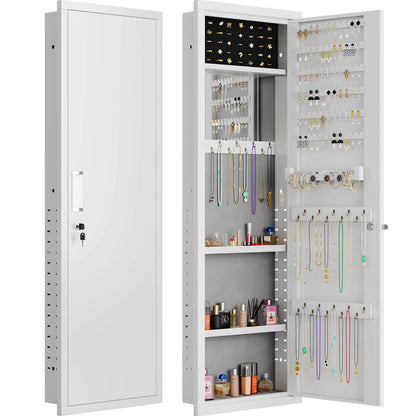 Mirror Jewelry Cabinet, 47.24" Tall Wall Mounted Jewelry Cabinet with Mirror and Light, Large Jewelry Armoire Organizer