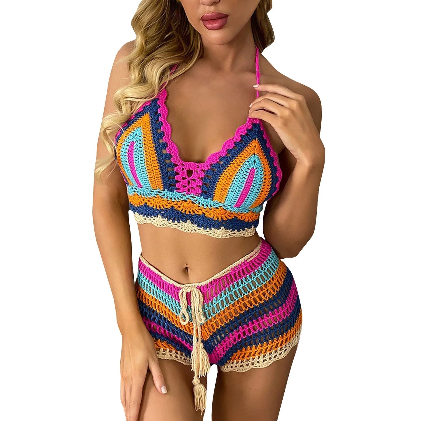 Summer Sexy Beach Vacation Bikini Split Color Striped Hand Crochet Knitted Swimsuit