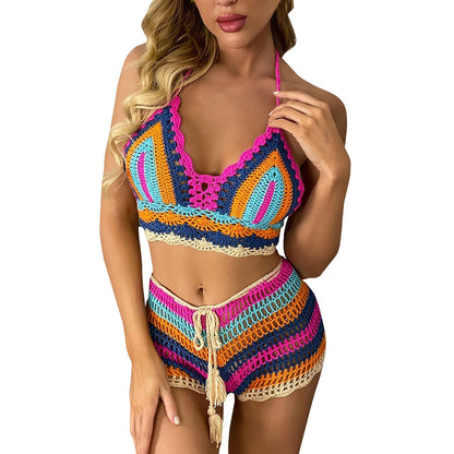 Summer Sexy Beach Vacation Bikini Split Color Striped Hand Crochet Knitted Swimsuit