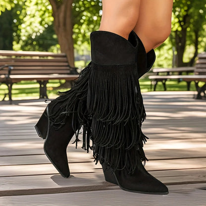 Women's Retro Fringe Knee High Cowboy Boots Fashion Pointed Toe Block Chunky High Heel Pull on