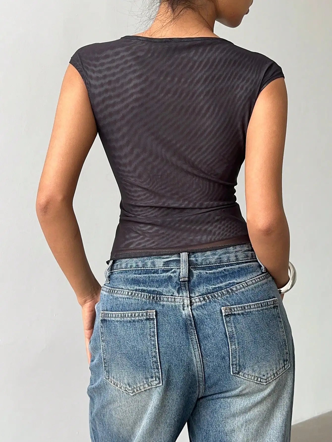 Black Floral Mesh Crop Top for Women, Sheer Sleeveless Summer Shirt