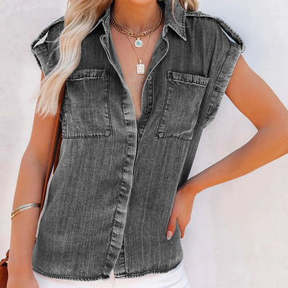 Youthful Woman Blouses Summer Slimming Short Sleeve Denim Shirt