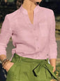 Women's White Linen Blend Button-Up Blouse with V-Neck and Chest Pocket
