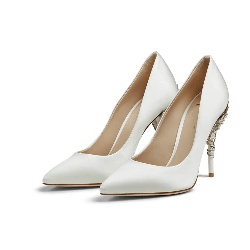 Luxury Leaves Metal Heel Women Shoes Pointed Toe Blue White Pink Black Silk Stiletto High Heels