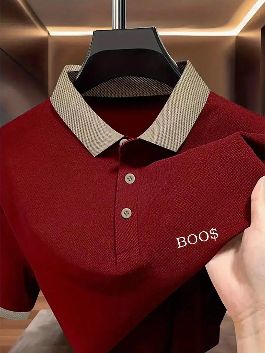 Pink Short-Sleeve Polo Shirt with Contrast Collar and Embroidered Text Design