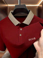Pink Short-Sleeve Polo Shirt with Contrast Collar and Embroidered Text Design