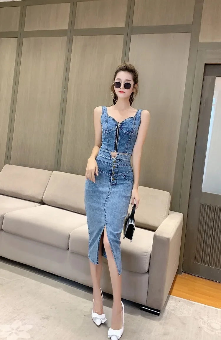 denim 2 piece outfits summer top and skirt