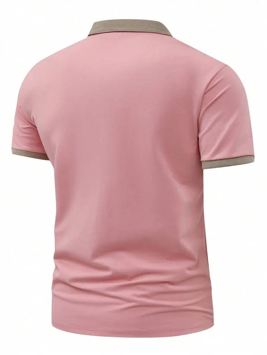 Pink Short-Sleeve Polo Shirt with Contrast Collar and Embroidered Text Design