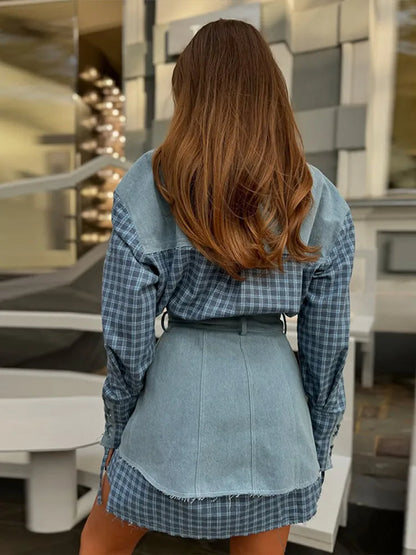 Lapel Color Blocked Shirt Waist Cinching Irregular Hem Short Skirt Set Woman Loose Long Plaid Shirt Patchwork Women Denim Suits