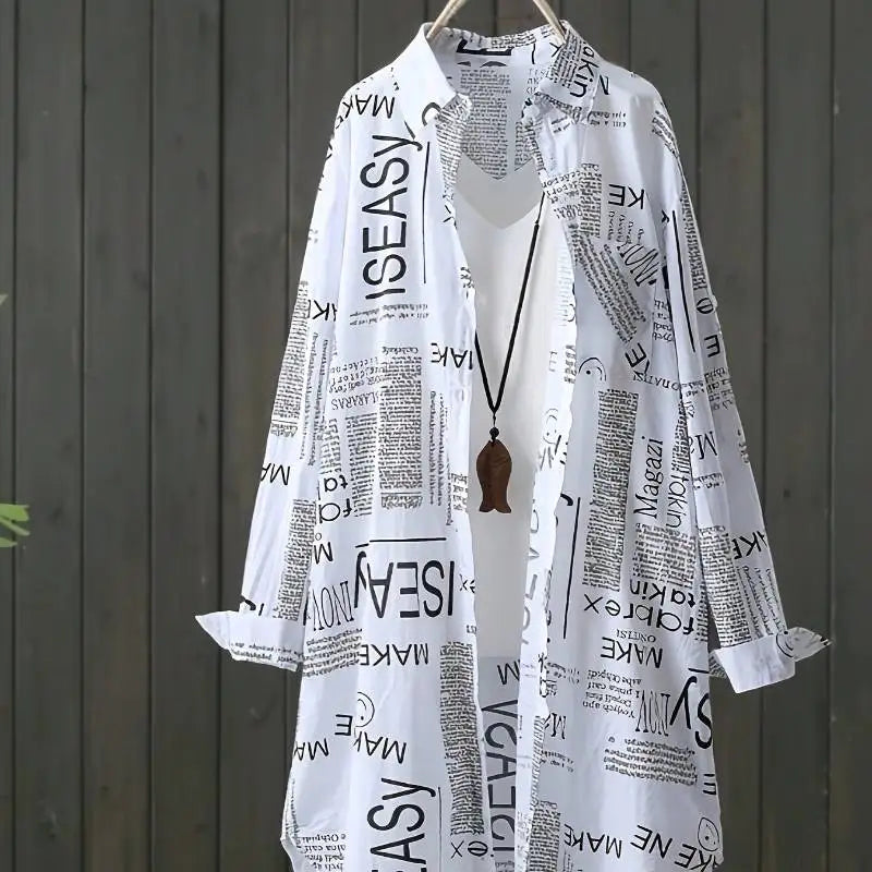 Plus Size Letter Print Shirt Oversized Casual Long Sleeve Top