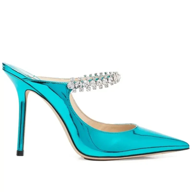 2025 New Fashionable Fine Heeled Muller Shoes with Pointed Water Diamond Chain Banquet
