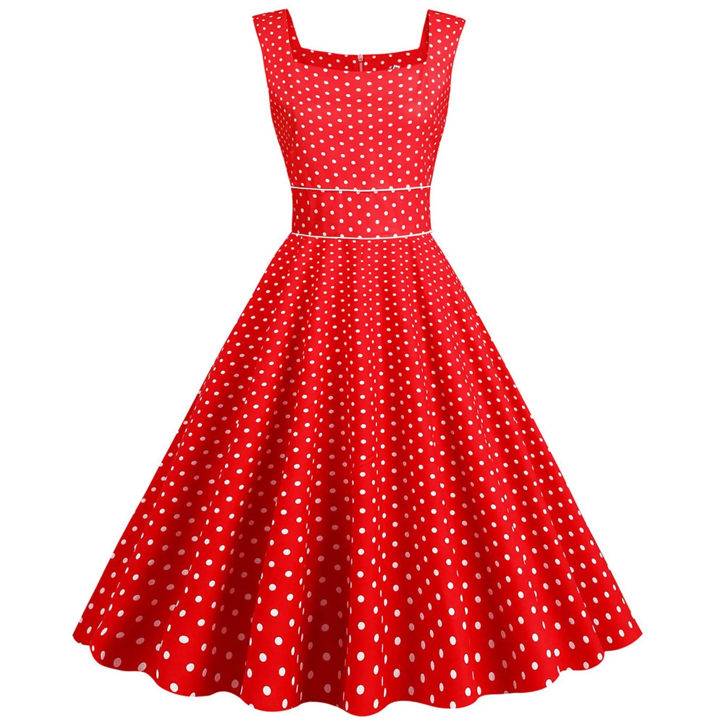 Women Vintage 1950s Retro Dress Sleeveless Dot Print Square Neck Waist In A-Line