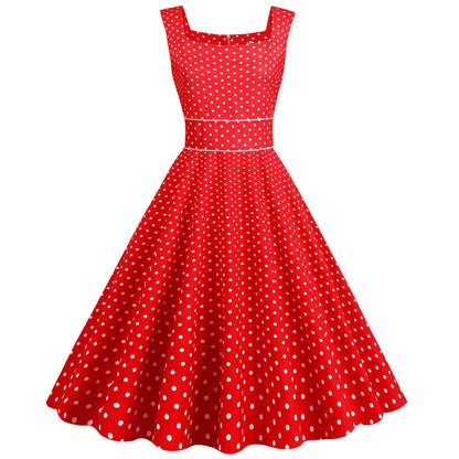 Women Vintage 1950s Retro Dress Sleeveless Dot Print Square Neck Waist In A-Line