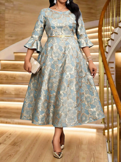 Plus Size Jacquard Floral Dress with Flared Sleeves & Waist Belt