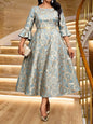 Plus Size Jacquard Floral Dress with Flared Sleeves & Waist Belt