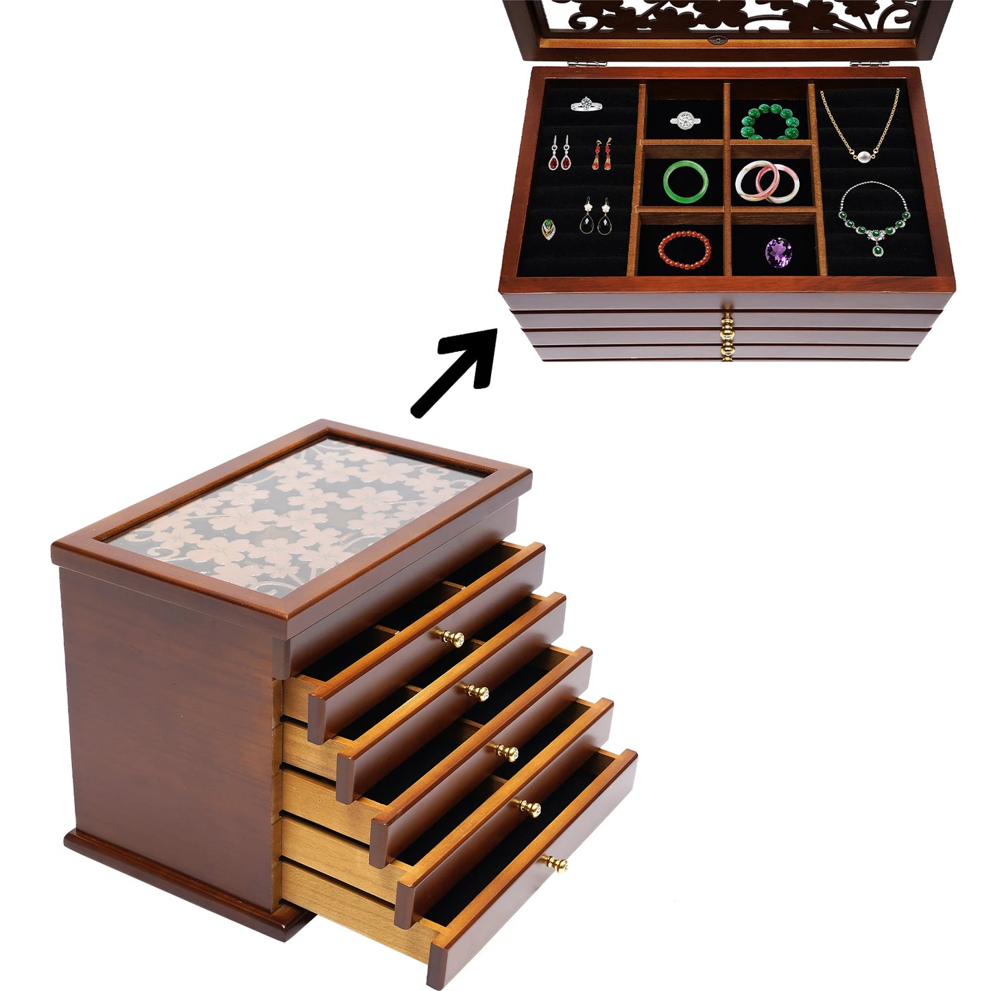 6-Tier Walnut Jewelry Box, Wooden Jewelry Organizer for Earrings Necklaces Rings Bracelets