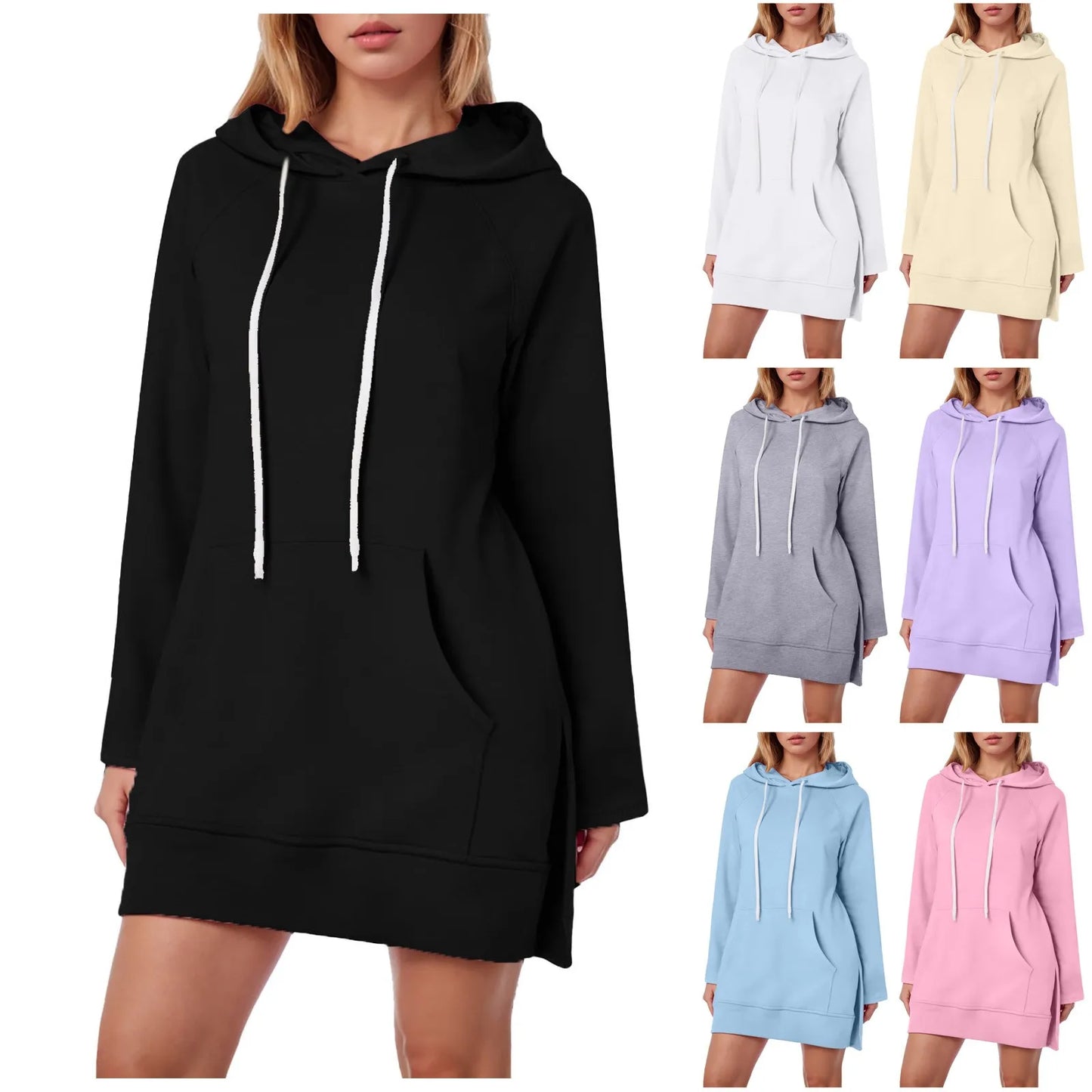 Women Solid Color Hoodie Dress Casual Loose Pullover Long Sleeve Drawstring Mid Dress with Side Slit