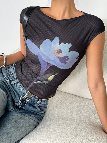 Black Floral Mesh Crop Top for Women, Sheer Sleeveless Summer Shirt