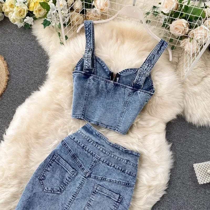 denim 2 piece outfits summer top and skirt
