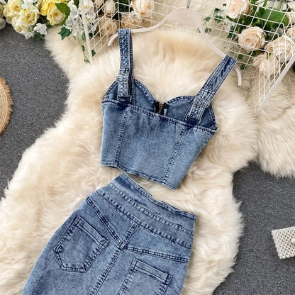 denim 2 piece outfits summer top and skirt