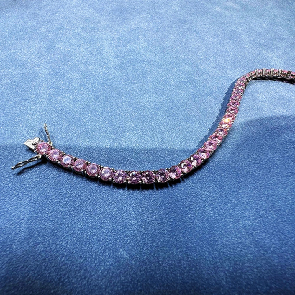 New In Solid 925 Sterling Silver 5MM Lab Pink Sapphire Gemstone Tennis Chain Bracelets