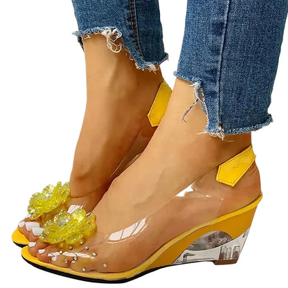 Female Shoes Leisure Transparent Crystal Diamond Slope Heel Sandals