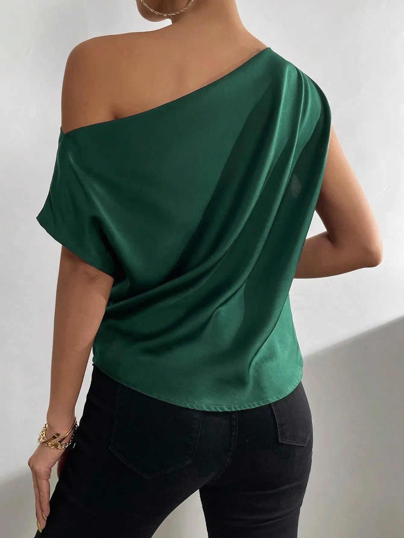 One Shoulder Satin Blouse with Asymmetrical Neckline, Solid Color Women's Top