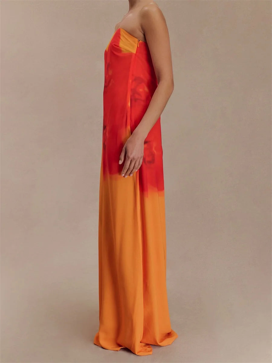 Women Long Dress Floral Print Tube Backless Casual Strapless Dress